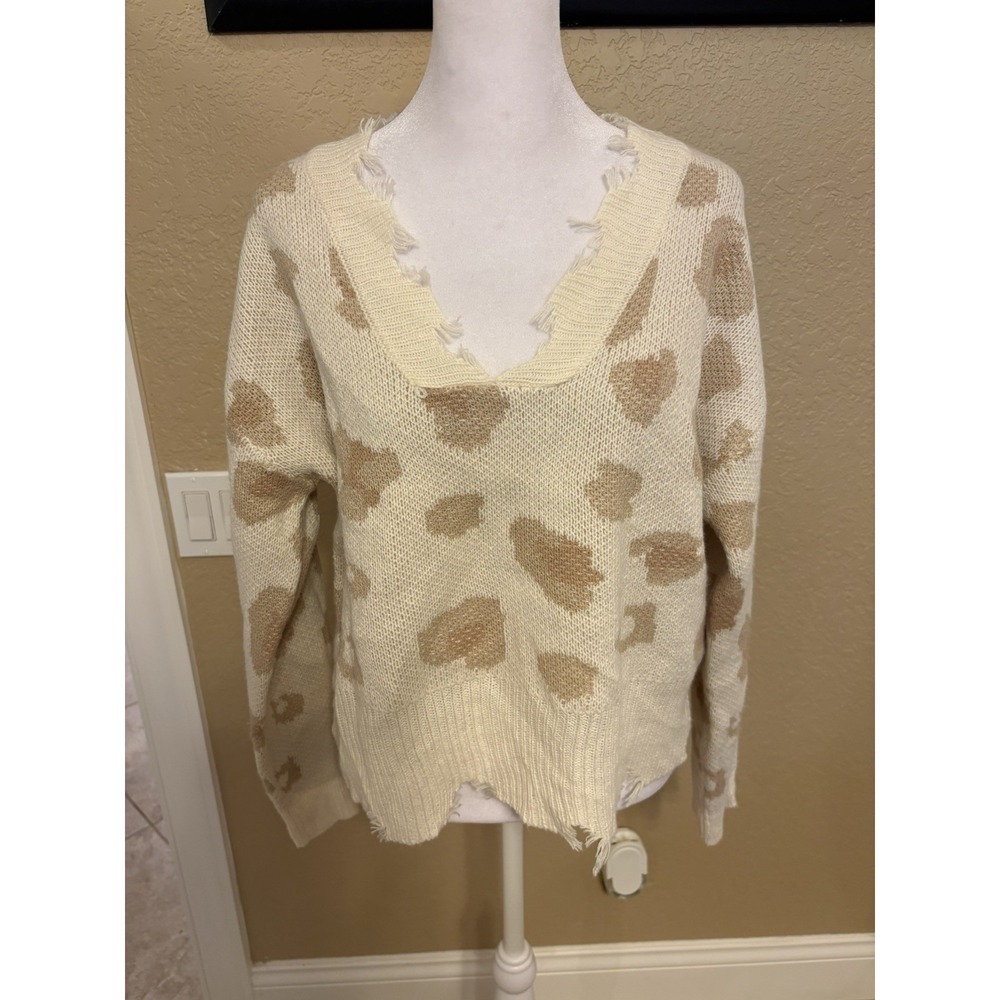 Moral Fiber Cream And Tan Leopard Print Distressed V Neck Sweater, XL